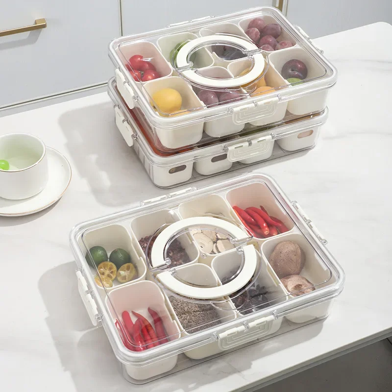 Geteiltes Serviertablett mit Deckel, Lebensmittel-Aufbewahrungsbehälter, Snackbox, 4/8-Fächer Snackbehälter, Obst-Aufbewahrungsbehälter