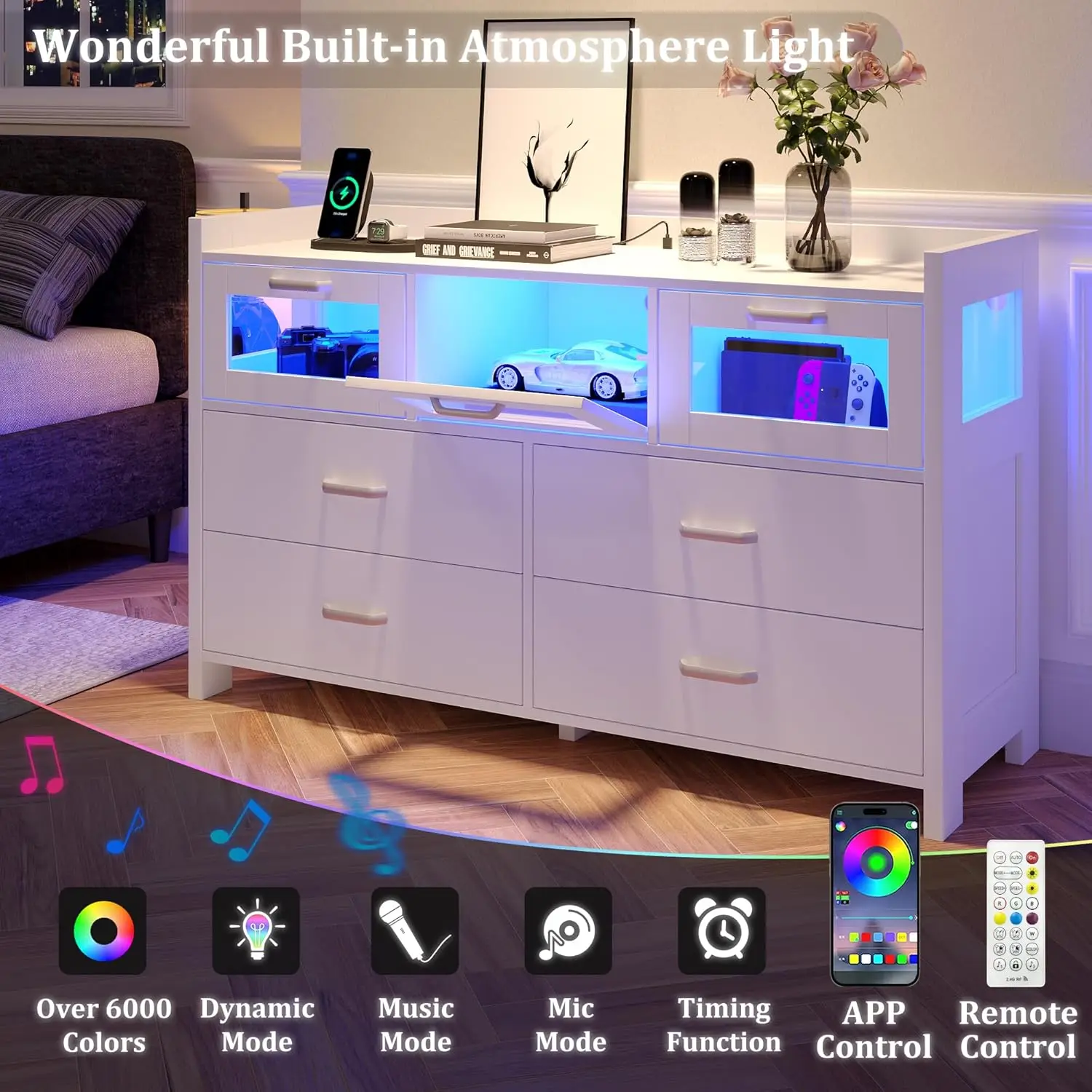 Tocador blanco para dormitorio, 7 cajones, luces Led y estación de carga, 3 visuales