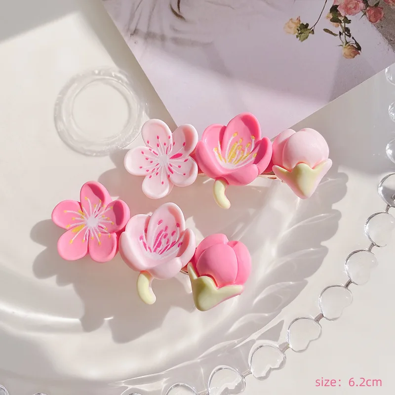 Steel Fun 2pcs Pink Peach Blossom Hairpin Female Lotus Flower Tulip Hair Rope Sweet Girl Broken Hair Bangs Hairgrips Side Clip
