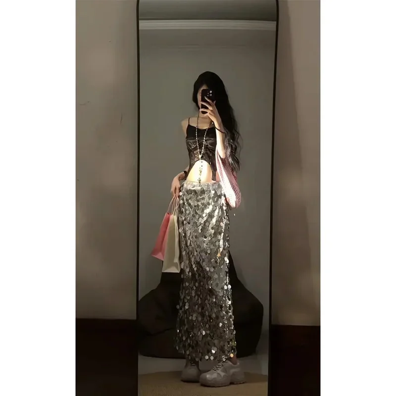 

Женская облегающая длинная юбка с серебряным декором и блестками, блестящая юбка с высокой талией Y2K, сексуальная клубная уличная одежда, блестящая вечеринка, дискотека, наряд для пастушки