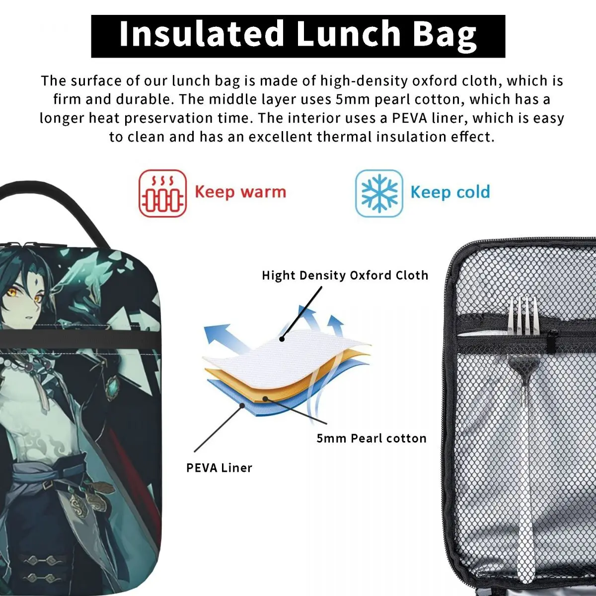 Genshin Impact Xiao 9 Insulated Lunch Bag for Women Kids Portable Food Boxes Thermal Lunch Box Tote