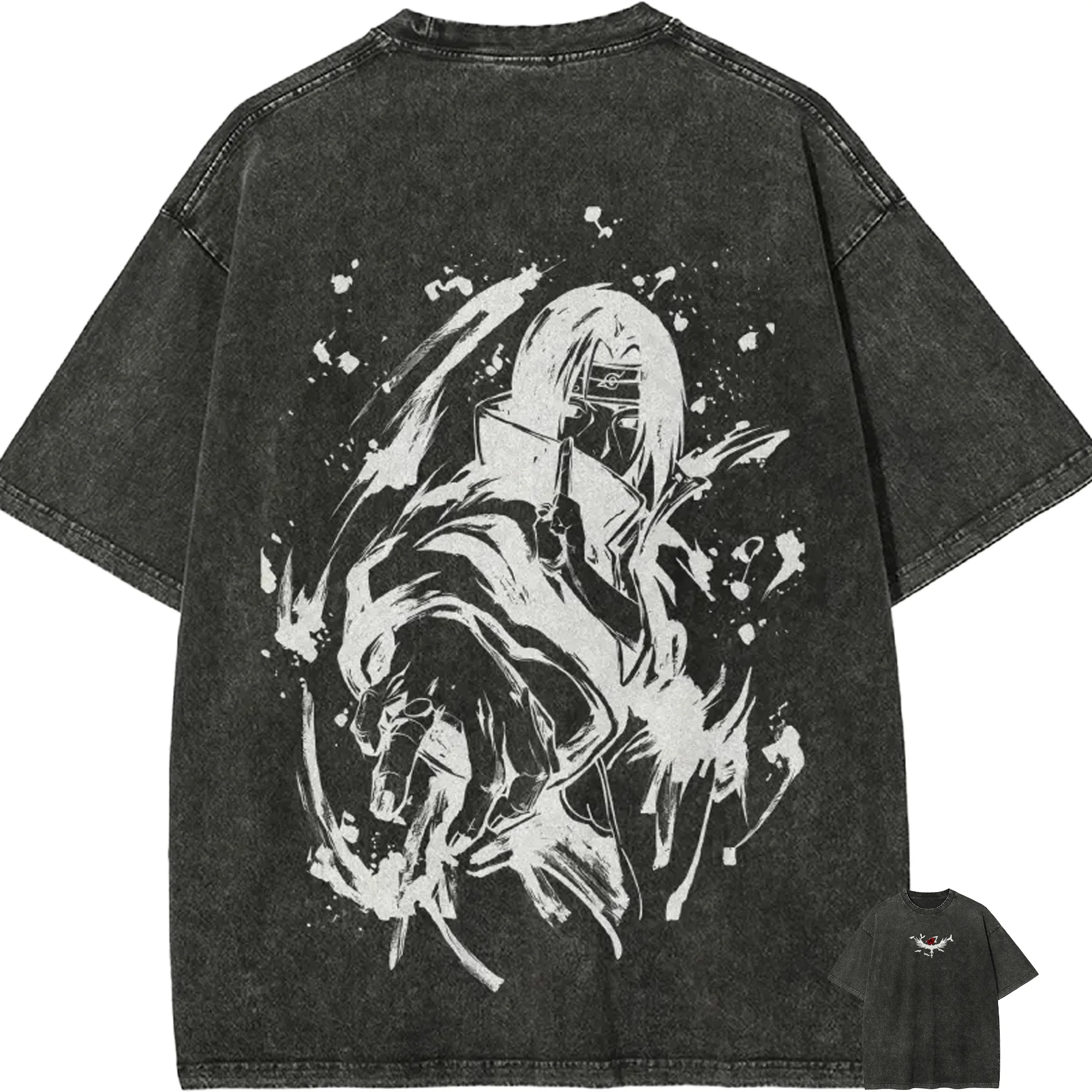 Naruto Itachi Uchiha T-Shirt im Ink-Splash-Stil Vintage Acid Wash Streetwear Übergroßes Retro Anime Grafik Herren T-Shirt Kleidung