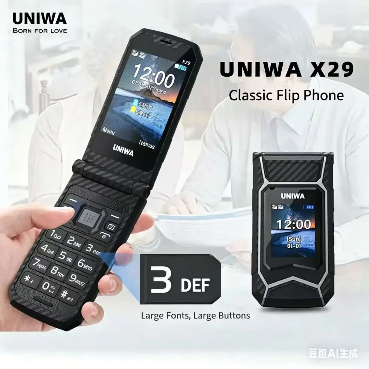 UNIWA X29 Flip Mobile Phone Big Push-Button Clamshell Cellphone 2G Phone Senior Dual Sim Support MP3 MP4 FM Clamshell Cellphone
