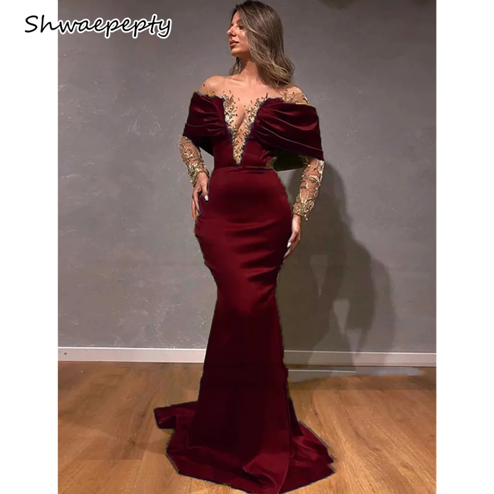 

Off Shoulder Long Sleeves Mermaid Prom Dress Sheer V-Neck Gold Lace Appliques Beaded Burgundy Formal Evening Gown Customized