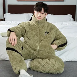 Men's Winter Warm Coral Fleece Pajamas Zipper Sleeping Top + Long Pants Male Sleepwear for Sleeping 2 Pieces Homewear Loungewear