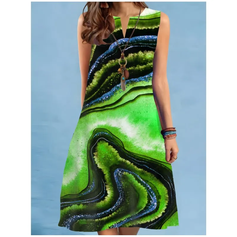 فستان نسائي جديد برقبة على شكل حرف v بدون أكمام بطباعة رقمية فنية قديمة كبيرة الحجم متأرجحة متوسطة الطول مع خصر فضفاض في الصيف Y2k 2026