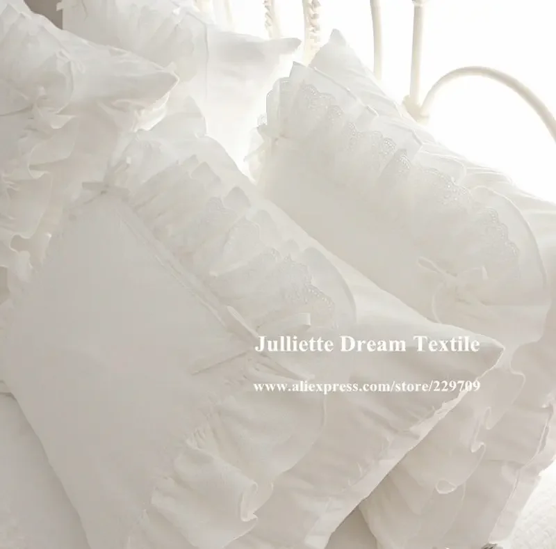 2 pieces White Satin Lace ruffle pillow case European style elegant embroidered pillowcase luxury bedding pillow cover