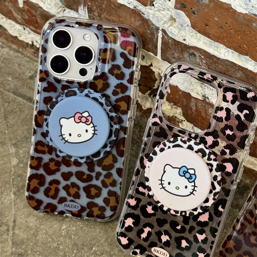 

Fashion leopard print girl Hello Kitty magnetic stand phone case for iPhone 16 promax 13 14 15 Funda new cute protective cover