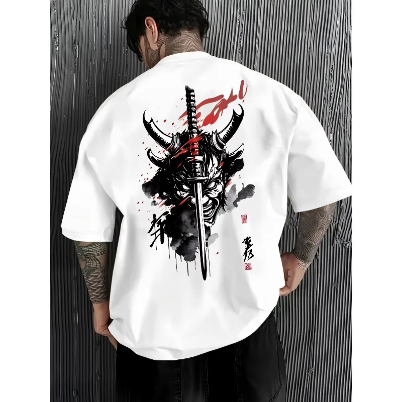 Summer New Men's Cotton Short-Sleeved T-Shirt with Japanese Samurai Ghost Face Pattern Print Comfortable Street Trendy Tops