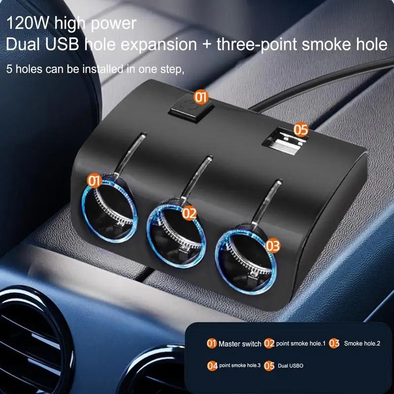 Car Lighter Splitter 120W Car Charger Adapter 3 Socket Cigarette Lighter Splitter Car Charger with Extension Cable for cars SUVs