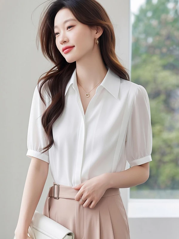 

Элегантная свободная шифоновая рубашка с коротким рукавом, стильный женский топ, стройнящий фигуру, уникальный дизайн, французский стиль, мягкая атласная ткань, рукава-фонарики