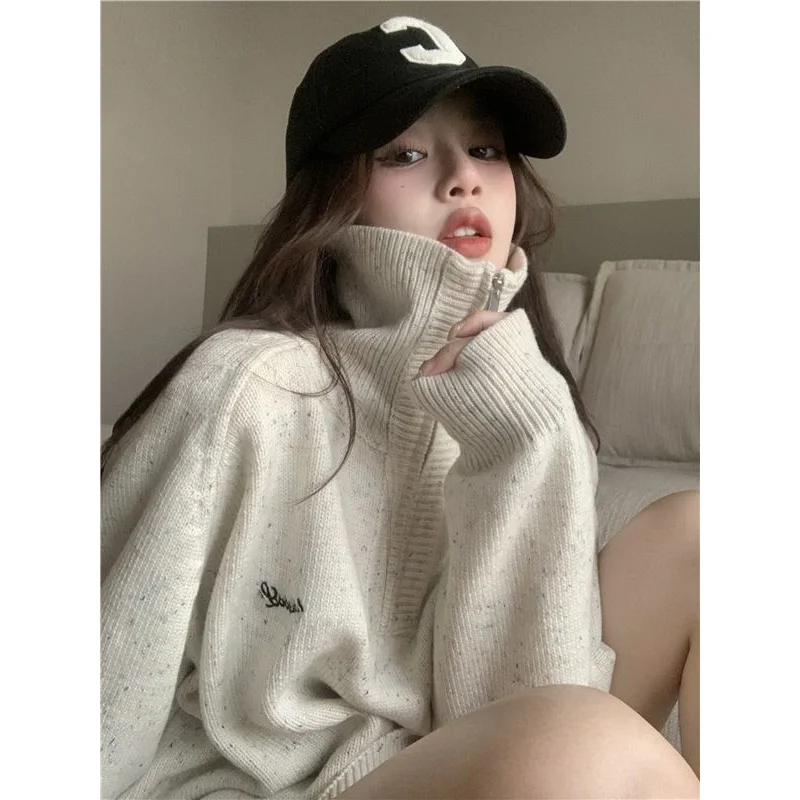 Deeptown Vintage Distressed Sweater Women Korean Style Half Zip-up Knit Female Jumper Japanese Fashion Preppy Knitwear Oversized