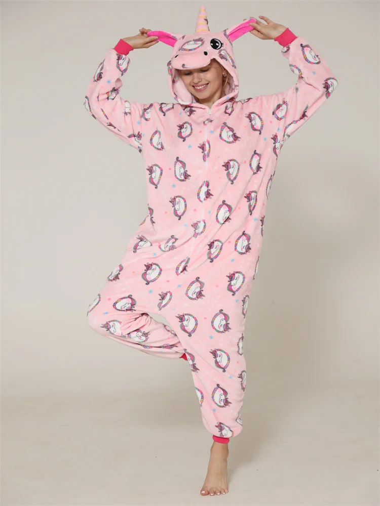 

Autumn and Winter Adult Women Couple Flannel Hooded Kigurumi Unicorn Cartoon Animal Pink One-piece Pajamas Outdoor Loungewear