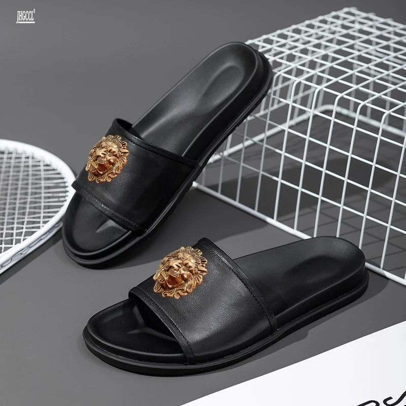 Zapatillas de cuero genuino de alta calidad para hombre, zapatos cómodos informales de verano, sandalias hechas a mano de lujo para hombre, zapatos