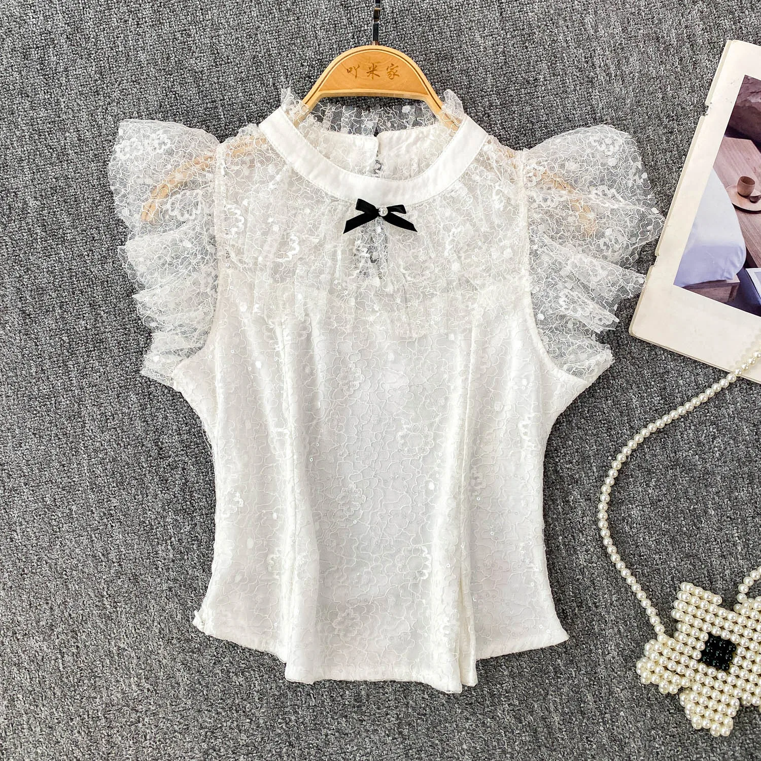 

Vintage Glitter Sequin sweet lace O Neck Short T-shirt Slim Elegant Fashion Office Lady Crop Top Sexy Women Top