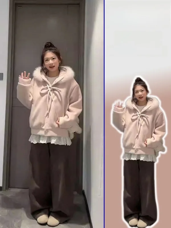 

Женское теплое шерстяное пальто Sweet Sle большого размера с капюшоном, меховым воротником и поясом, укороченное, весна-осень