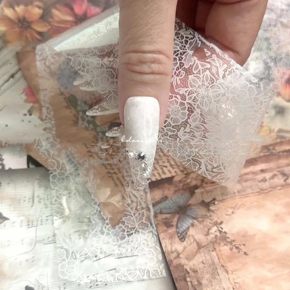 10 لفات النمط الياباني الأبيض الدانتيل مسمار نقل احباط ملصق الأزهار مخرمة الدانتيل نقل الأظافر احباط الشارات المياه الرخام مانيكير