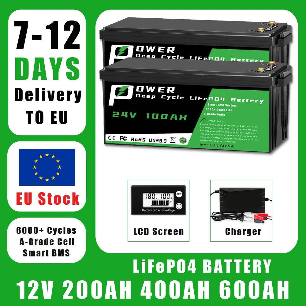 12V 200Ah 400Ah LiFePo4 Battery Pack 12.8V Lithium Iron Phosphate Batteries Built-in BMS for Solar Storage Boat RV Golf Cart