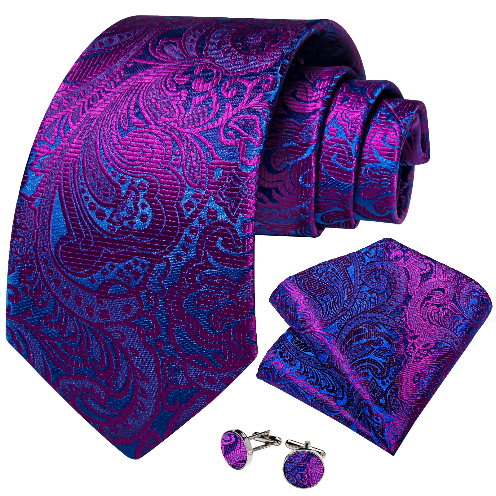 Elegant Purple and Blue Paisley Men's Wedding Business Formal Elegant Neck Tie Set Pocket Square Cufflinks Gift for Husband