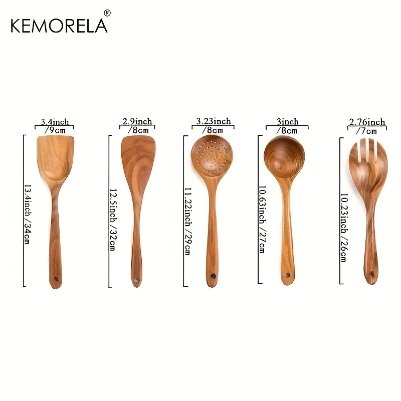 5PCS Natural Wooden Tableware Wooden Spoon Soup Skimmer Cooking Spoon Spatula Long Colander Dinner Home Cookware Set