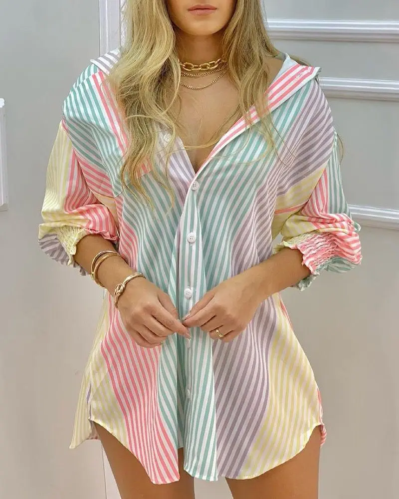 Fashion Striped Long Sleeve Buttons Women Shirt Dress Women 2023 Summer Fall Clothes Print Long Tops Femme Blouses Woman Shirts