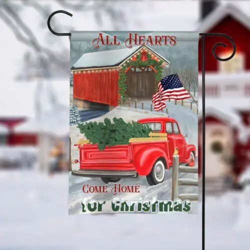 Red Truck Merry Christmas Flag, Truck All Hearts Come Home For Christmas Flag LLK ZZU hhz