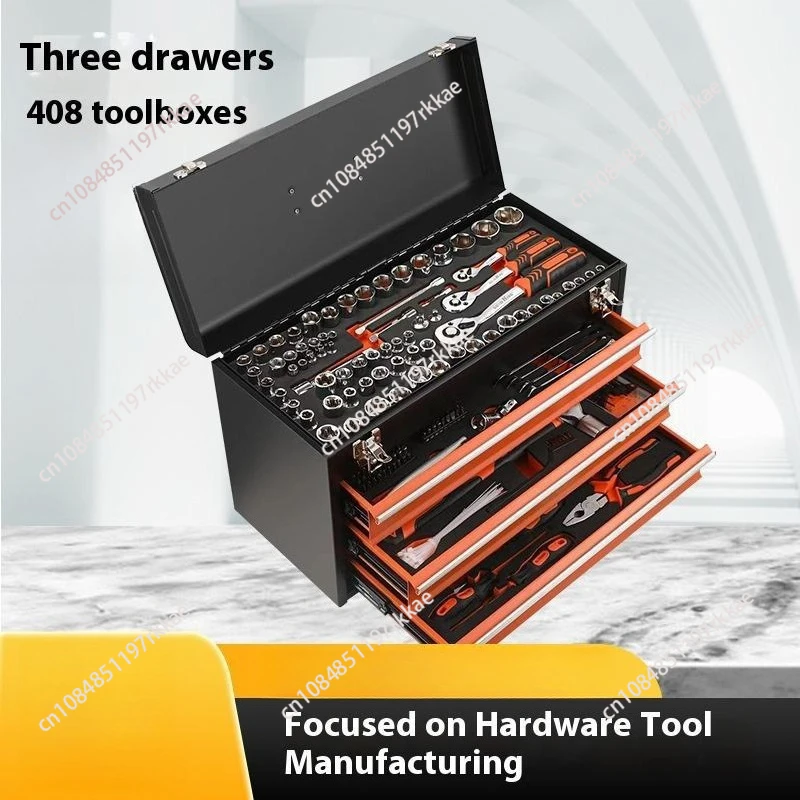 Portable 3-Drawer Self-Locking Tool Kit with 408-Piece Set - Compact Utility Toolbox