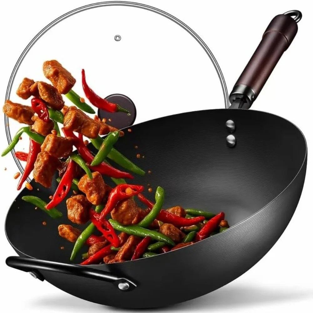 Wok de acero al carbono de 13 pulgadas, sartén de fondo plano antiadherente preazonada de 5,8 cuartos con tapa para freír y Paella