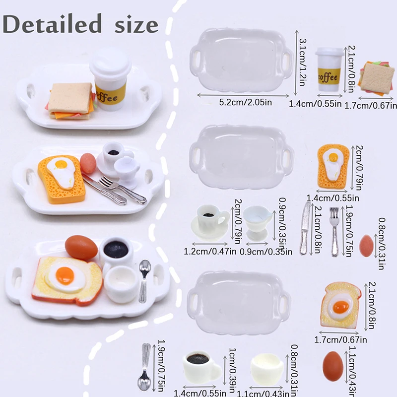 1Set 1:12 Dollhouse Miniature Toast Bread Coffee Egg Fork Spoon with Dinner Plate Kitchen Breakfast Model Decor Toy