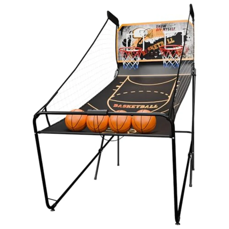 

Indoor foldable electronic basketball arcade game for 2 players, steel frame, black, 81.1in height with dual LED scoreboard and
