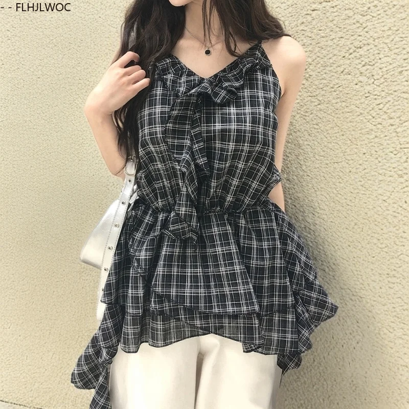 

Irregular Sleeveless Peplum Tops Cute Sweet Japan Girls Retro Vintage Ruffles Plaid Shirts Slim Waist Chic Y2K Design Blouses
