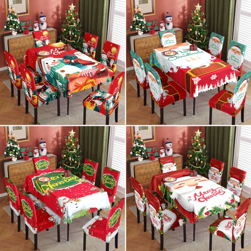 Christmas Waterproof Printed Tablecloth Restaurant Home Printed Chair Cover Christmas Tablecloth Chair Cover Decorative Set