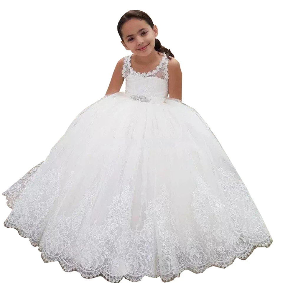 HYGLJL Weiß Spitze Erstkommunion Kleid Appliques Sleeveless Blume Mädchen Kleider für Hochzeit Puffy Tüll Ballkleid für Mädchen