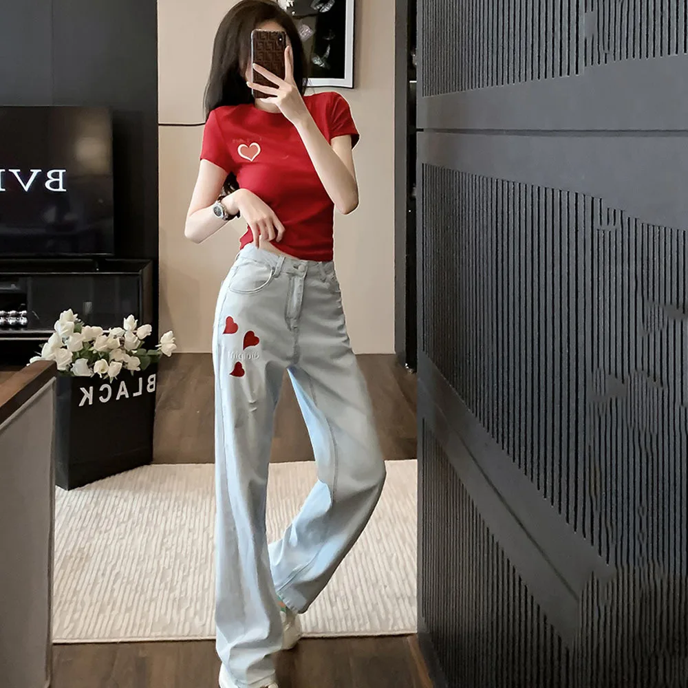 

2024 Summer Sets For Women 2 Pieces Red Short Sleeve Tops + Chic Love Print High Waist Straight Jeans Fashion Denim Pants Sets