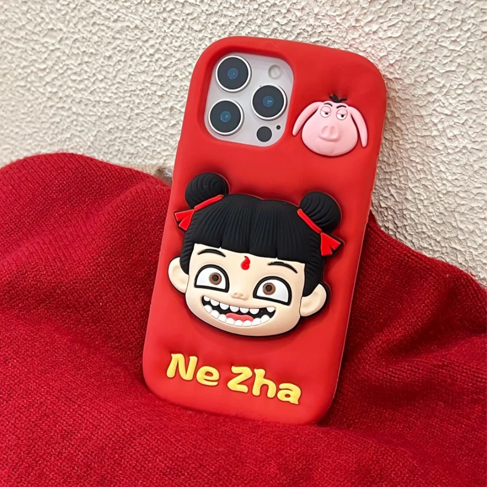 

2025 Bracket 3D Cute Nezha Silicone Cartoon Phone case for iPhone 16 15 14 13 12 Pro Max Red Shockproof Back Cover