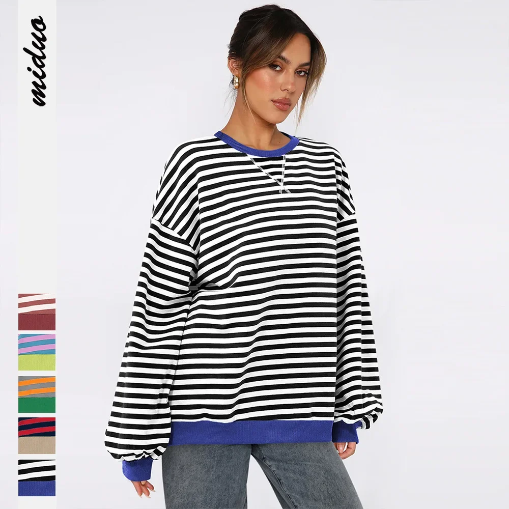 

Новинка 2024, весенне-осенний женский свитшот, женские топы в полоску с круглым вырезом и длинными рукавами, женские пуловеры больших размеров, женские спортивные пальто