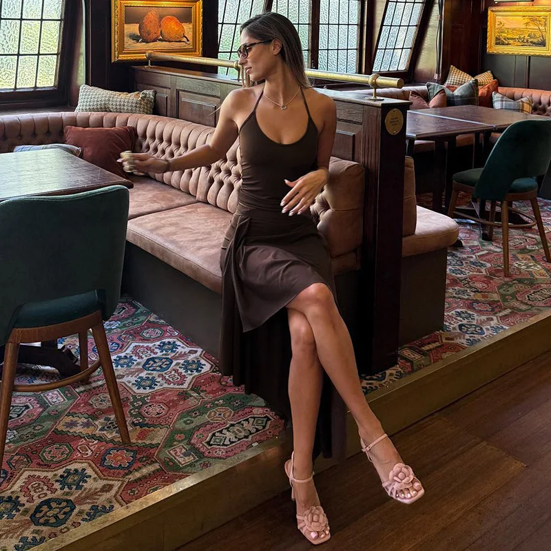 Temperament Classic Solid Color Summer New Pure Color Halter Backless Strap Irregular Slit Dress Suit Women Relaxation home slin