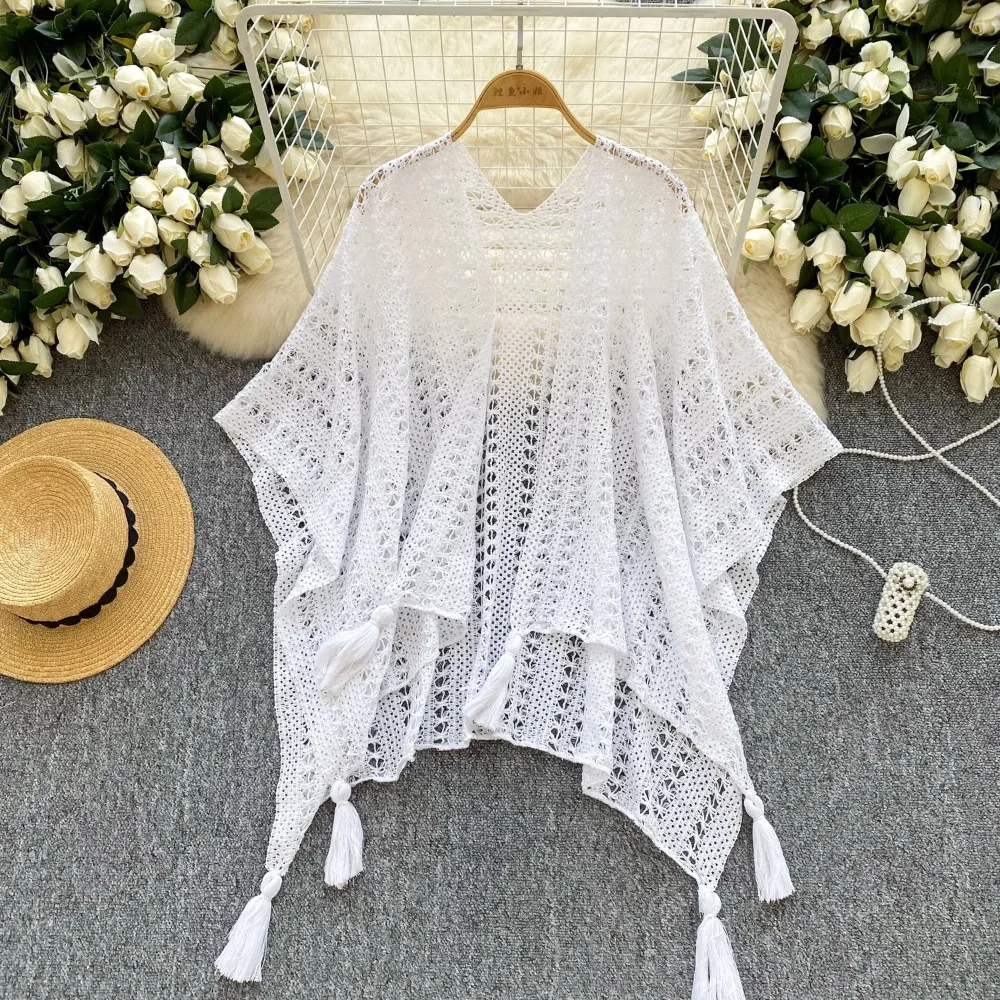 

Women Sweet tassel asymmetrical hollow out Cardigan Vintage Elegant Korean Fashion Loose Sweater Coat Ins