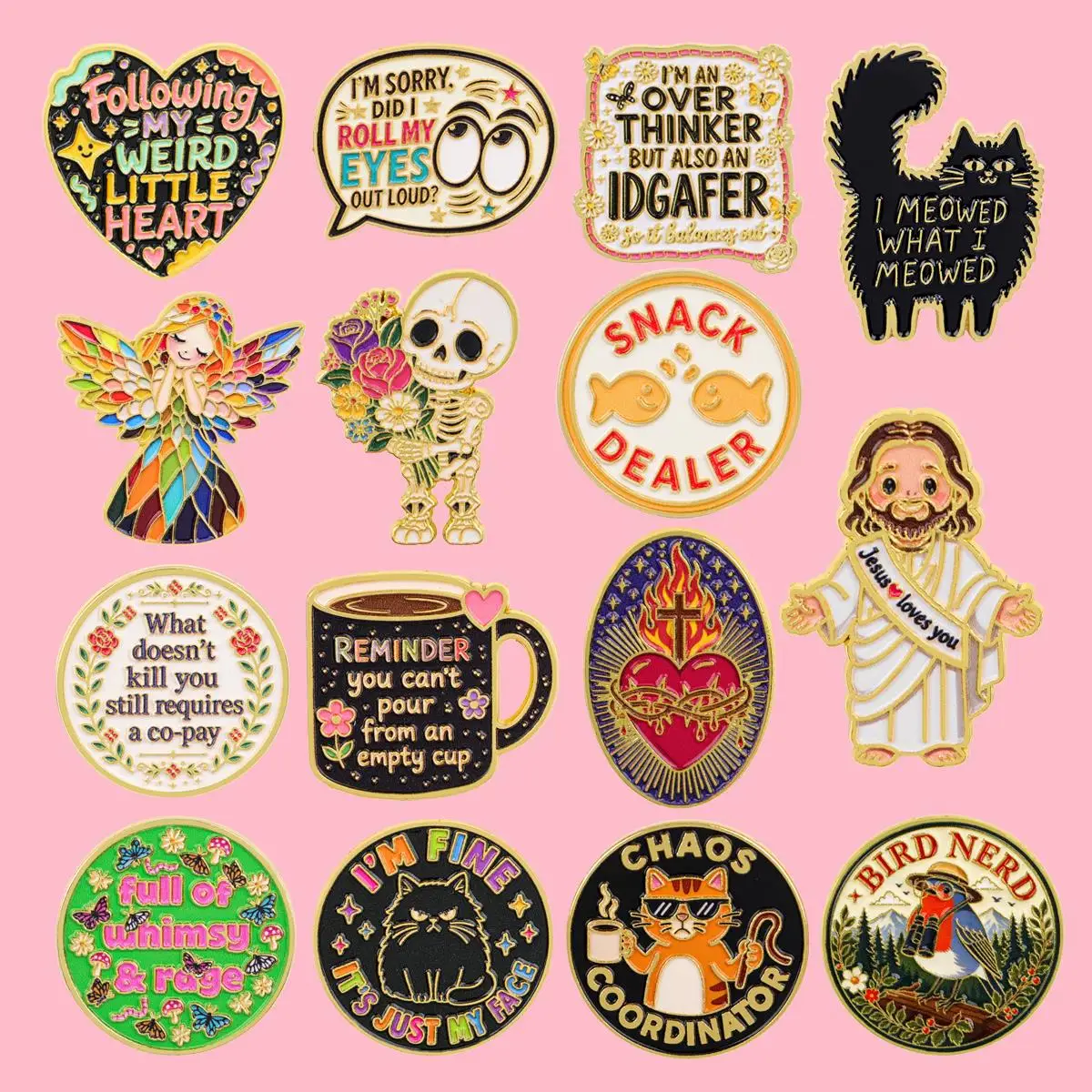 Sarcastic Funny Quote Metal Enamel Pins Cat Skull Jesus Brooches Badge on Backpack Clothing Accessories Jewelry Gift for Friends