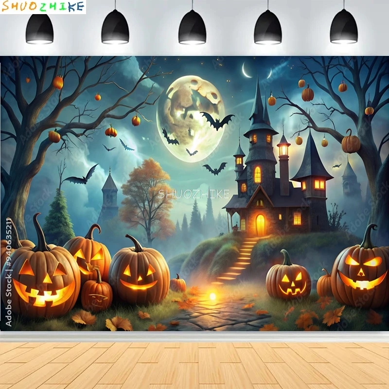 

Halloween Day Castle Graveyard Horror Dark Cemetery Scene Photography Backdrops Pumpkins Moon Photo Studio Background KB-06