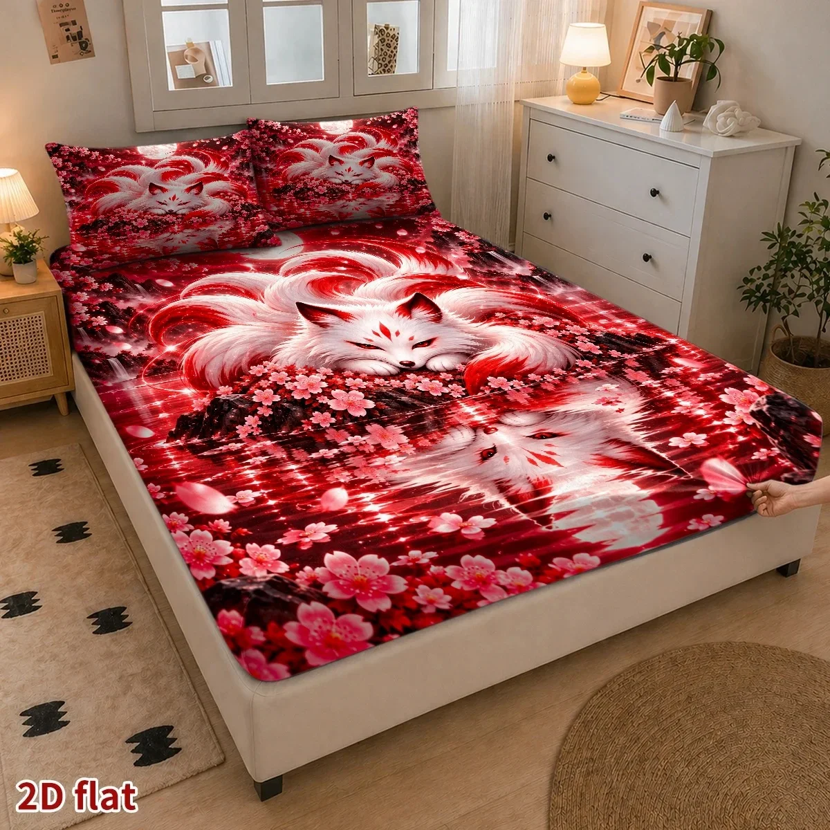 Nine-Tailed Fox Cherry Blossom Night Scene Print, Cyberpunk Fantasy Printed Three-Piece Bed Sheet Set, Three-Piece Bedding Set (Includes 1 Fitted Sheet + 2 Pillowcases), Large Capacity Deep Pocket 2D Printed Fitted Sheet and 2 Pillowcases, Fitted Sheet Style with Elastic Band, Protective Cover, Mattress Protector, Suitable for All Seasons, Machine Washable Design, Holiday Decoration, Various Sizes, Breathable Protective Cover with Pillowcase