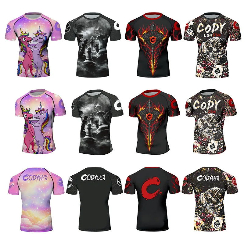 Men's Compression Sport T Shirt MMA BJJ Short Sleeve T-shirt Quick Dry Fit Muay Thai Shirts Running Workout Training Gym Shirt