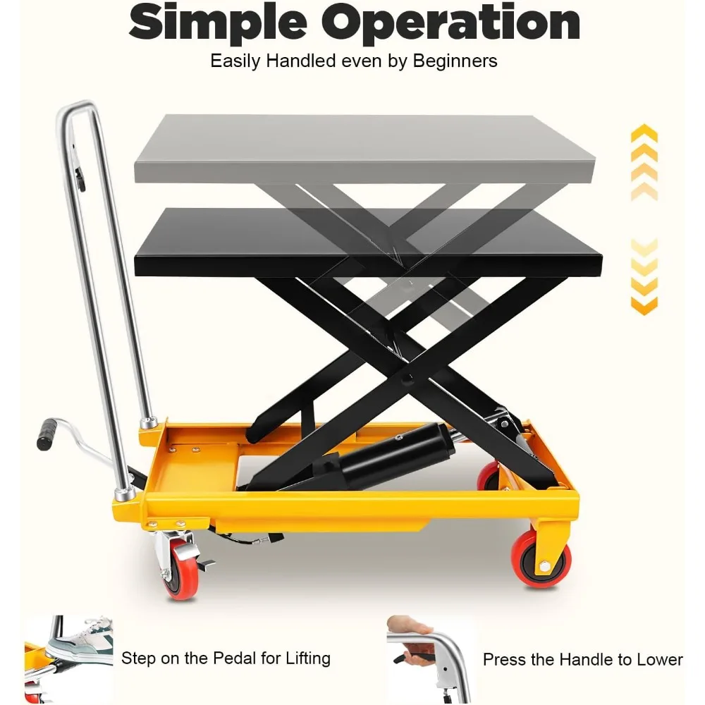 Гидравлический подъемный стол тележки, ручной двойной ножничный подъемный стол 500 фунтов с 4 колесами, гидравлические подъемные столы с высотой подъема 45 для M