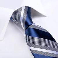 Luxury Blue Striped Polyester Ties for Men 8cm Width Wedding Business Prom Necktie Pocket Square Cufflinks Gift Men Accessories 2