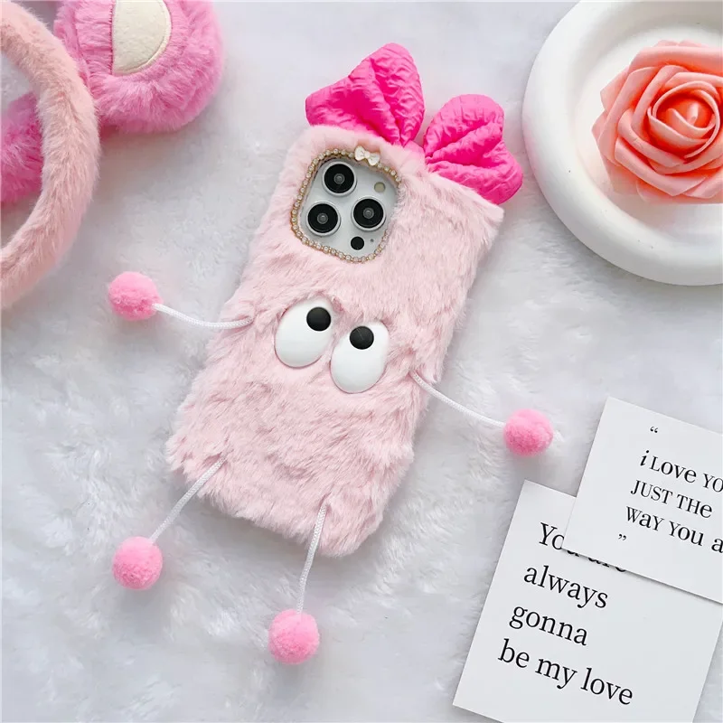 Plush Fur Cover Korea Pink Cute Cartoon 3D Bow Soft Case For VIVO Y100 Y22 Y78 Y36 Y35 Y38 Y28 Y27 Y20 Y18 Y17S Y16 Y15S Y03 Y02