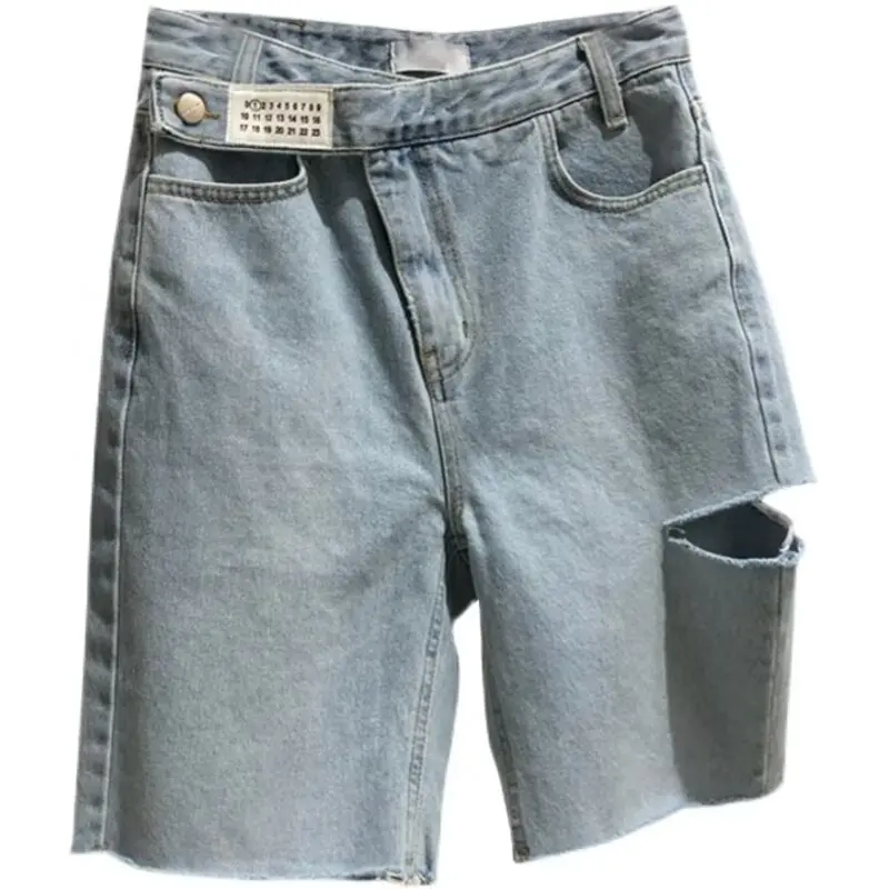 หลวมขากว้างเอวสูงห้าความยาว DENIM orts สําหรับผู้หญิงขนาด PLUS ฤดูร้อนสบายๆ Sle ฉีกขาดออกแบบกางเกงยีนส์ orts