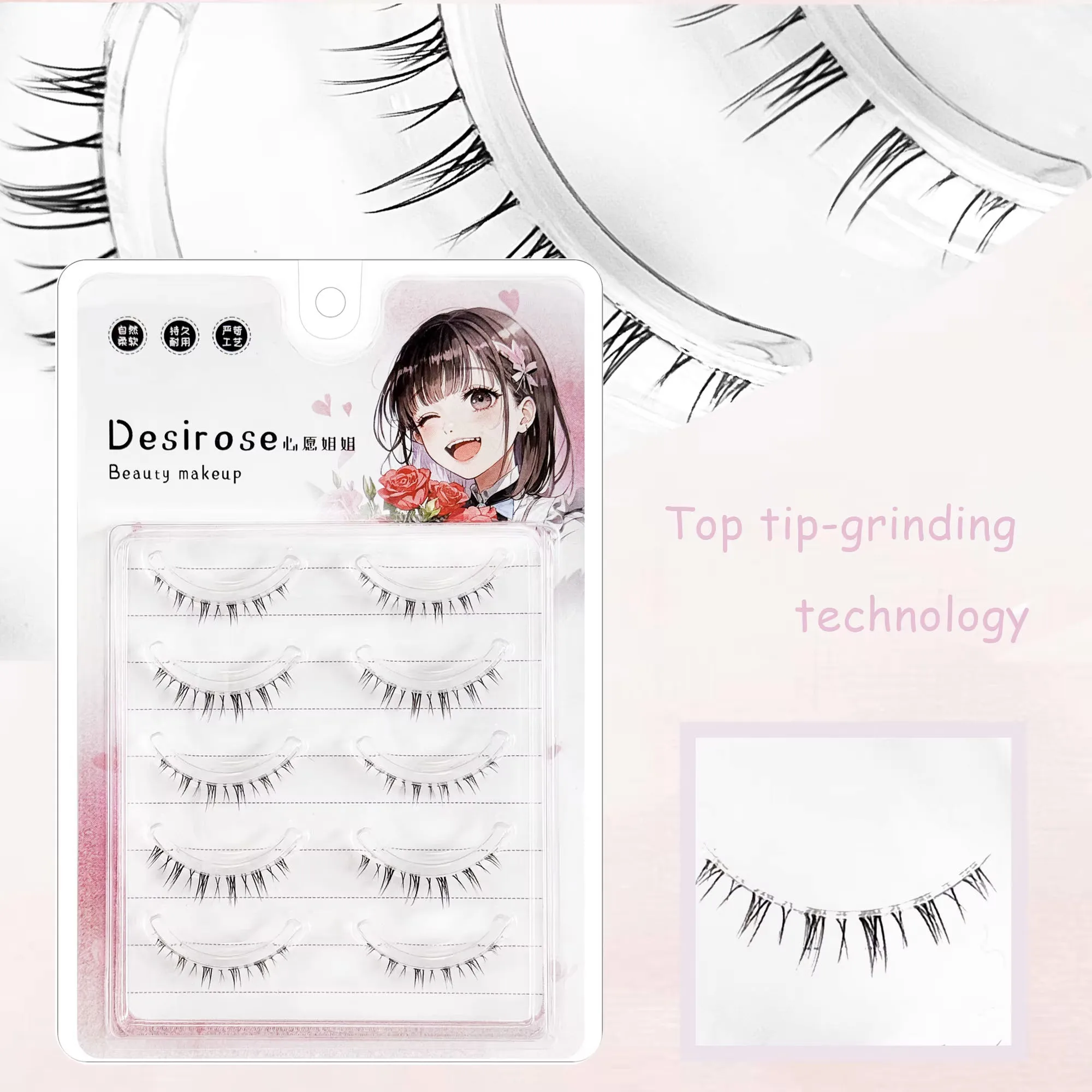 5 Paar Manga-Wimpern, natürliche untere Wimpern, handgefertigte falsche Wimpern mit transparentem Band, geeignet für das tägliche Make-up – Detail 3