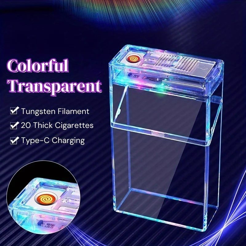 Transparent Cigarette Case with Lighter USB Rechargeable Windproof Cigarette Igniter Tungsten Coil Holder for 20 Cigarettes