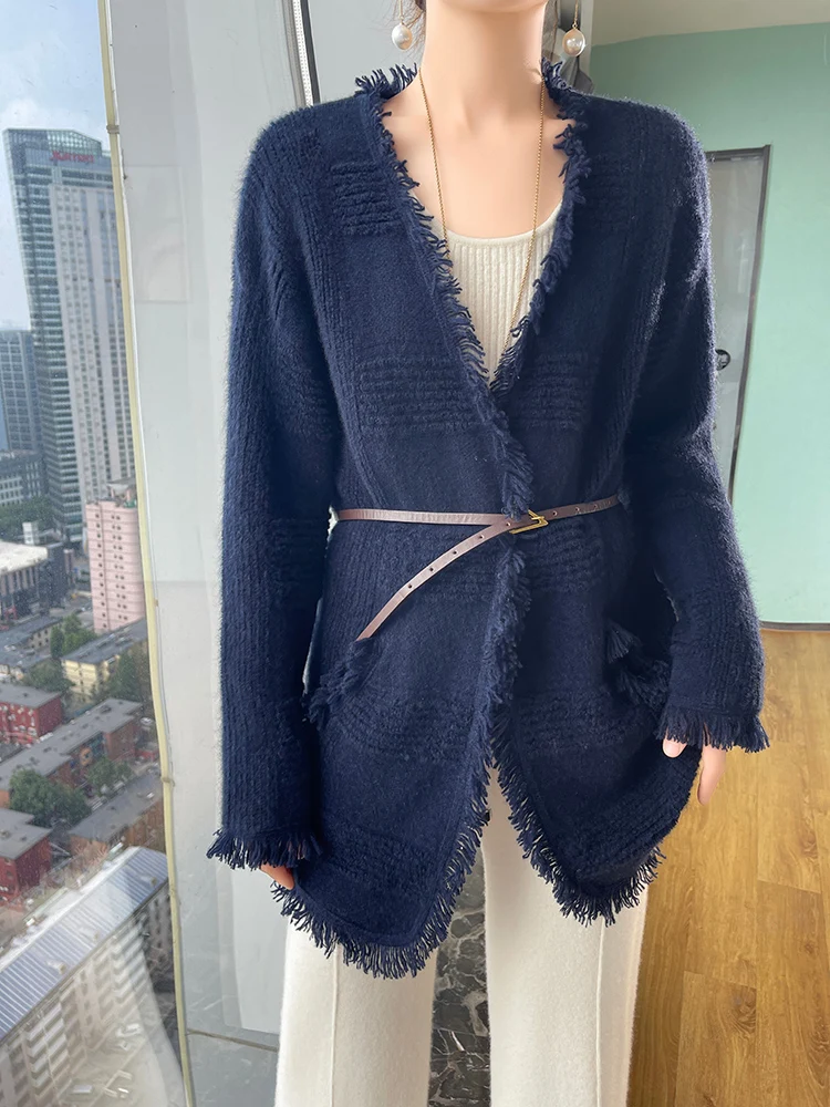 Autumn New 100% Pure Wool Cardigan Women\'s V-Neck Large Size Knitted Coat Fashion Loose Fringe Sweater All-Match Jacquard Jacket