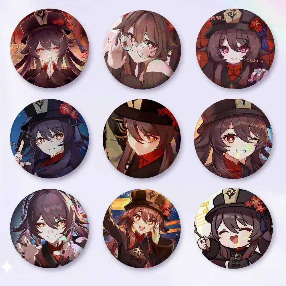 A-genshin Impact Hu Tao Snap-in Pins Cartoon Character Round Creative Brooches For Backpack Accessories Jewelry Gifts